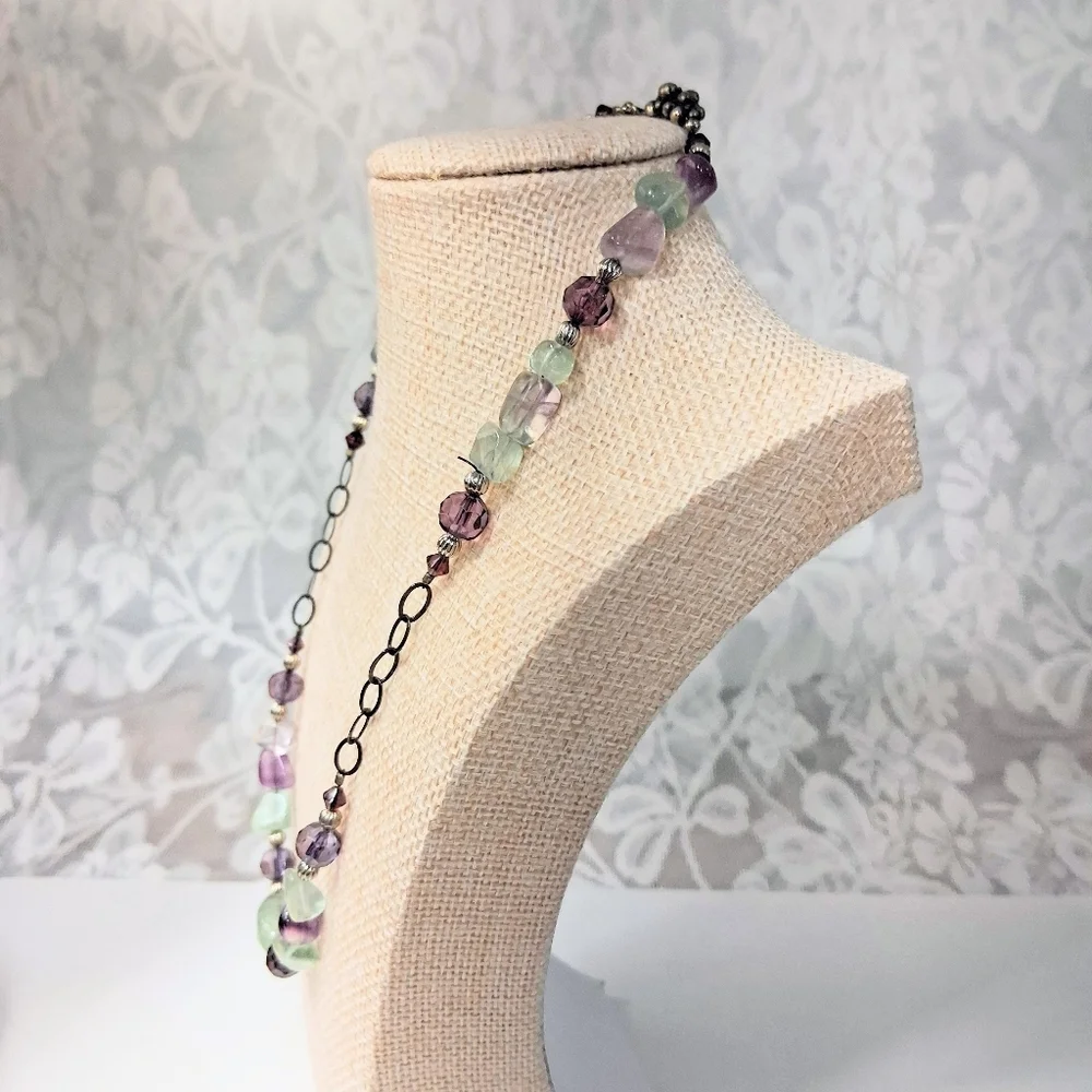 Fluorite Stone Beaded Necklace Purple Green Healing Clarity Balance Crystal